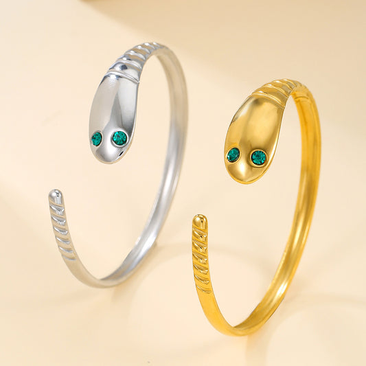 Minimalist Luxury Snake Shape Stainless Steel Plated Rhinestone Open Cuff Bracelet for Women