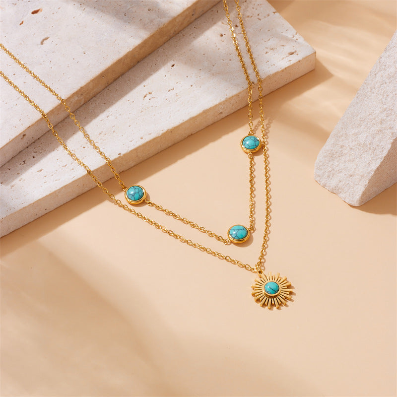 Vintage Fashion Sun Pendant Necklace with Turquoise Inlay Stainless Steel Double Layer Box Chain
