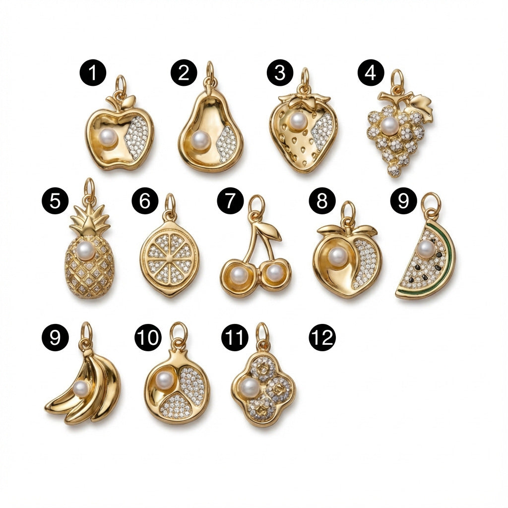 Vintage 14K Gold Plated Geometric Fruit Drip Oil Cubic Zirconia Brass Charm Bar