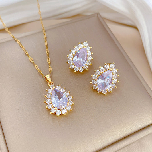 Luxury Titanium Steel Teardrop Necklace and Earrings Set with Rhinestone Inlay