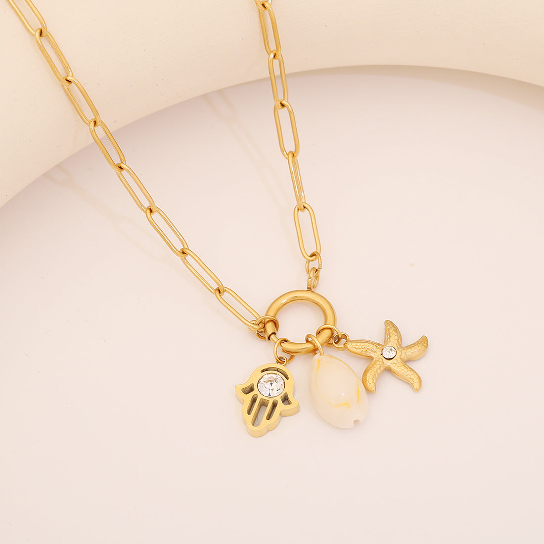Plated Stainless Steel Starfish & Shell Animal Charm Bar Necklace for Women