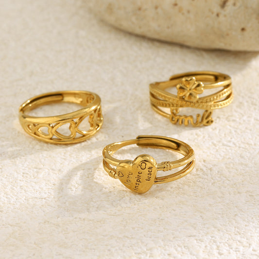 Minimalist Floral Line-Shaped Stainless Steel Plated 18K Gold Heart Letter Ring for Women
