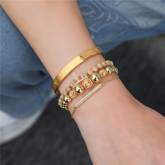Gold Plated Brass Braided Crown Cubic Zirconia Bracelet Set for Unisex