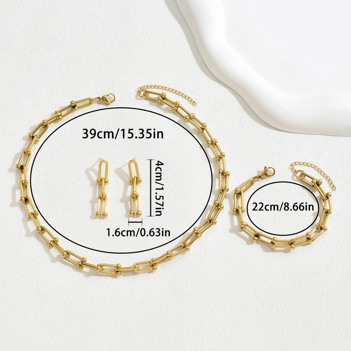 Conjunto de Joyas de Aleación Electrochapada para Mujer de Moda Minimalista con Collar, Pendientes y Pulsera con Patrón Geométrico y Cierre en Forma de Herradura en U