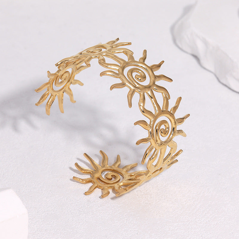 Minimalist Luxury Gold Plated Stainless Steel Sun Design Open Cuff Bracelet