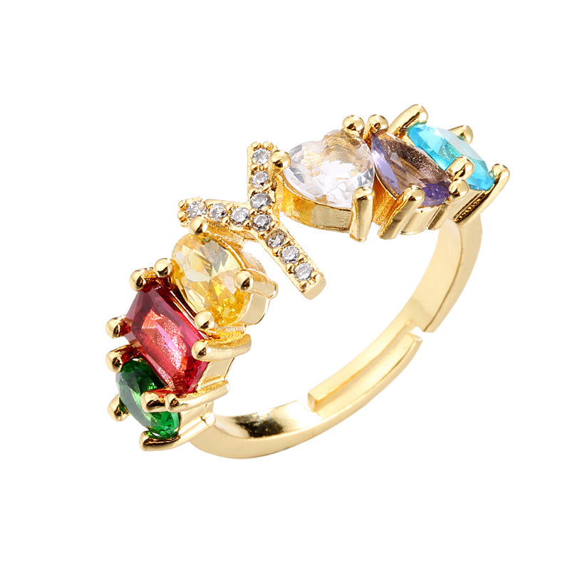 Hand-Set Cubic Zirconia Letter Open Ring Gold Plated Brass Adjustable Women