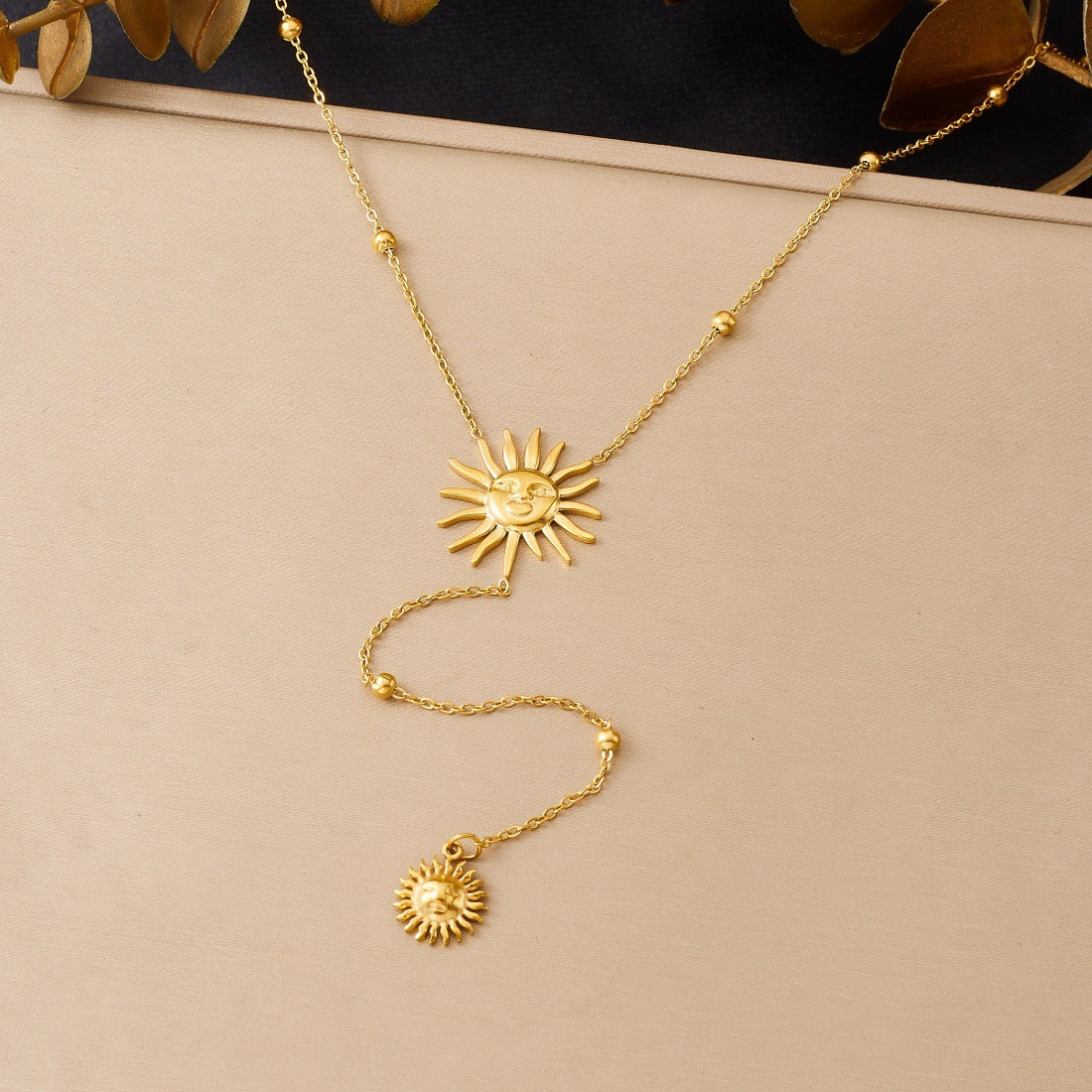 Vintage Gold Plated Stainless Steel Sun Face Tassel Y-Shape Necklace for Women
