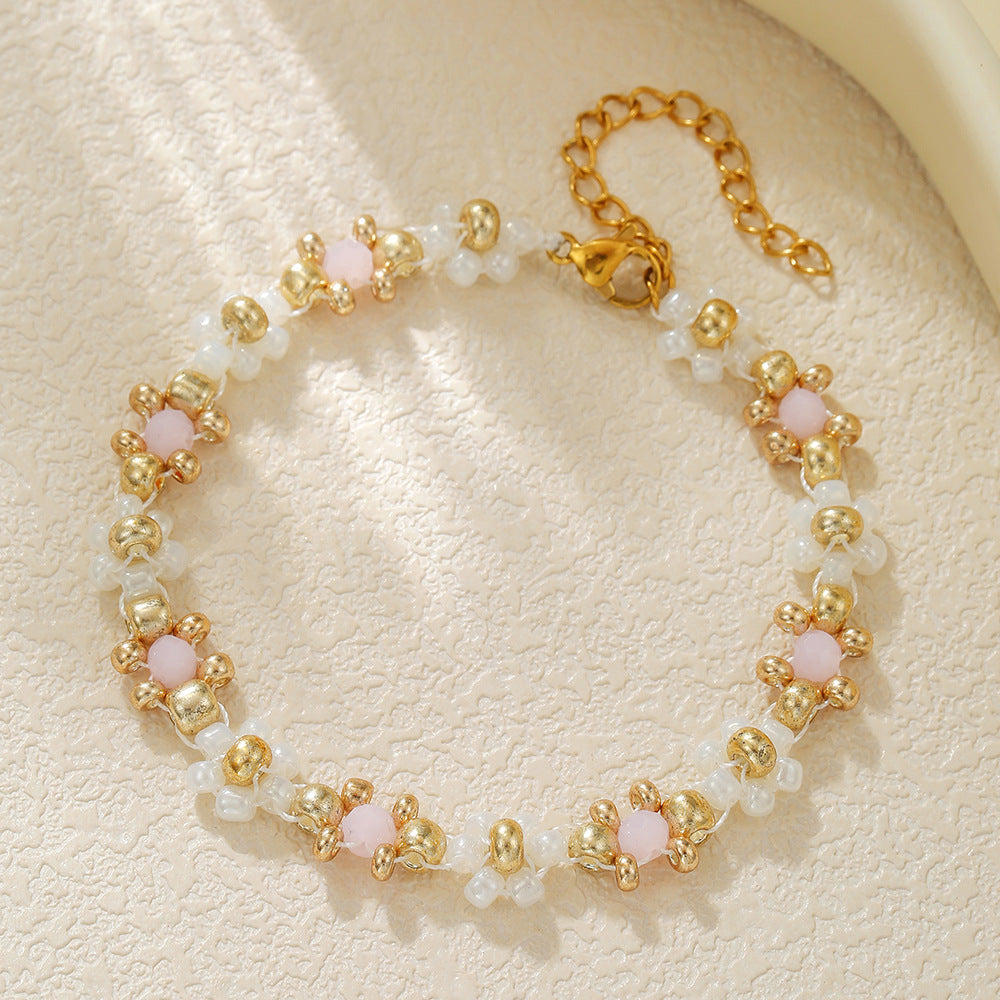 Vintage Handmade Geometric Floral Glass Bead and Pearl Bracelet for Women