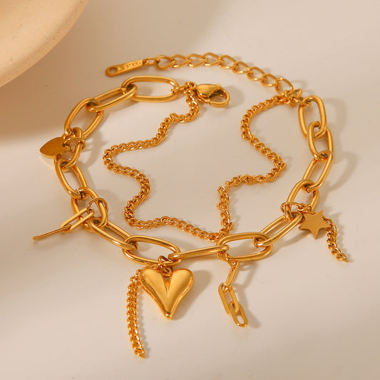 Bracciale da Donna a Doppia Catena in Acciaio Inossidabile Placcato Oro 18K con Ciondoli a Stella e Cuore alla Moda