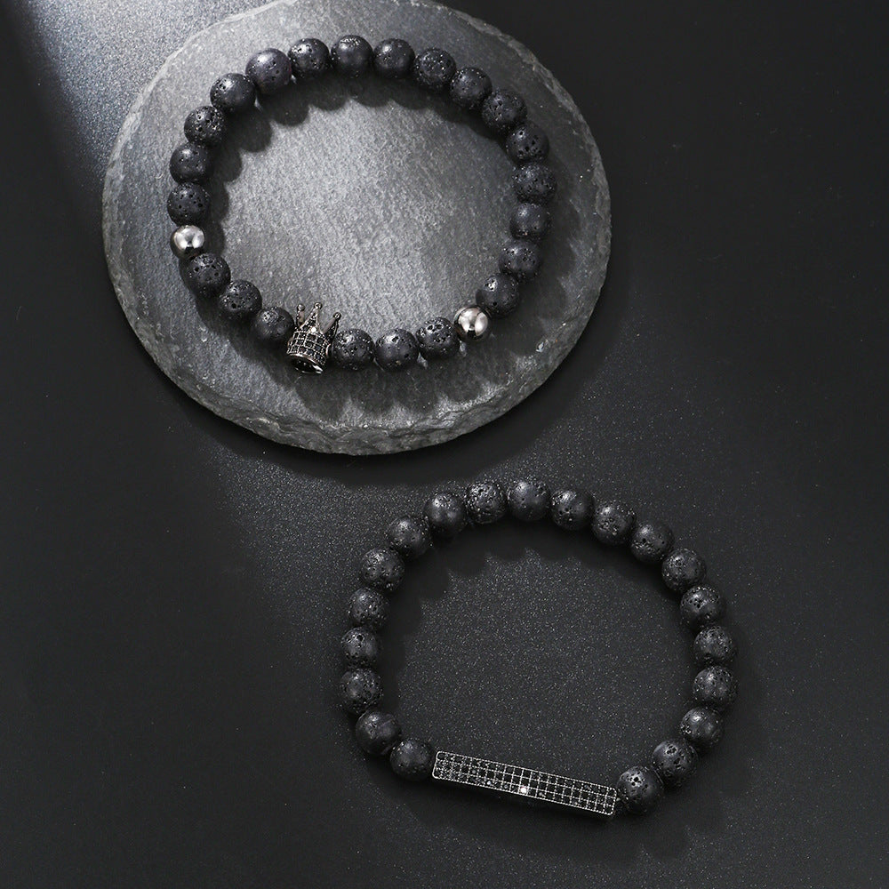 Minimalist Geometric Matte Black Agate and Cubic Zirconia Crown Bracelet Set