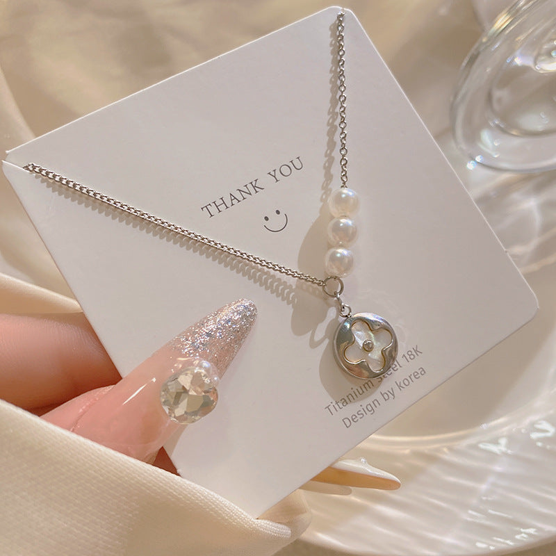 Elegant Gold Plated Titanium Steel Necklace with Micro-set Cubic Zirconia and Pearl for Unisex