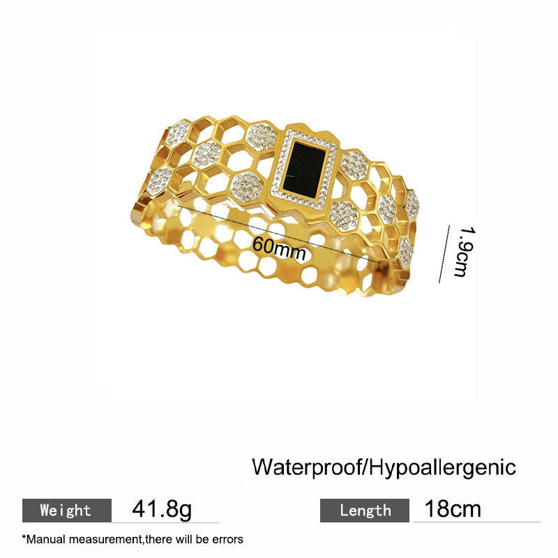 Geometric Honeycomb Plated Titanium Steel Bracelet with Rhinestone for Women