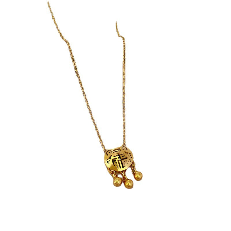 Collar con colgante minimalista geométrico de carácter Fu para mujer y hombre en acero de titanio con baño de oro en cadena tipo O
