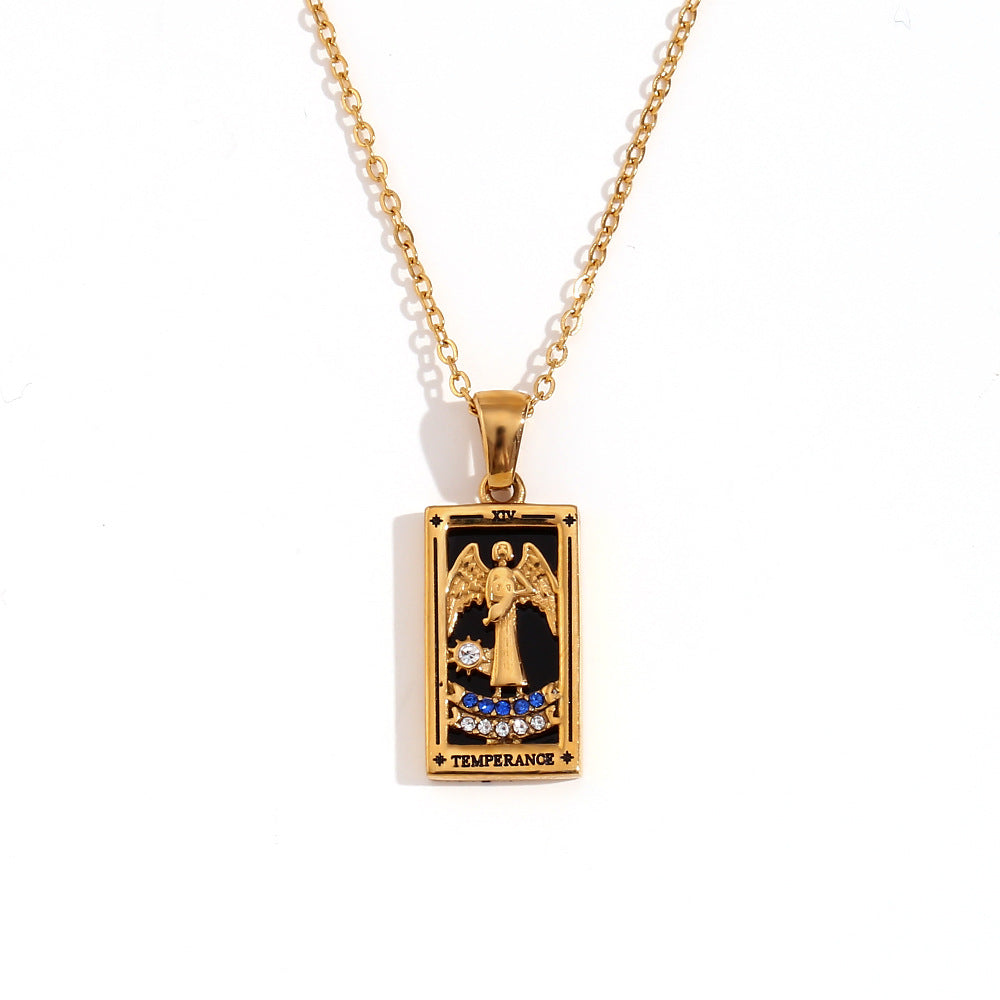 Vintage Tarot Card Pendant Necklace for Women Stainless Steel with 18K Gold Plating Geometric Four-Sided Design Fashion Office Style