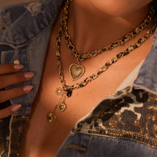 Fashionable Leopard Print Heart Pendant Necklace in Stainless Steel with 18K Gold Plating for Women