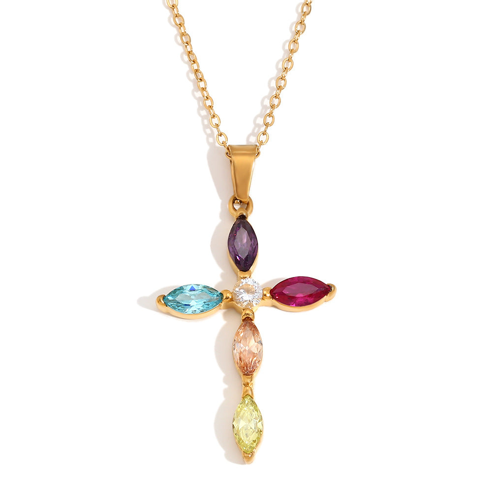 Elegant Business 18K Gold Plated Cross Cubic Zirconia Necklace Stainless Steel Titanium Steel Pendant Cable Chain for Women