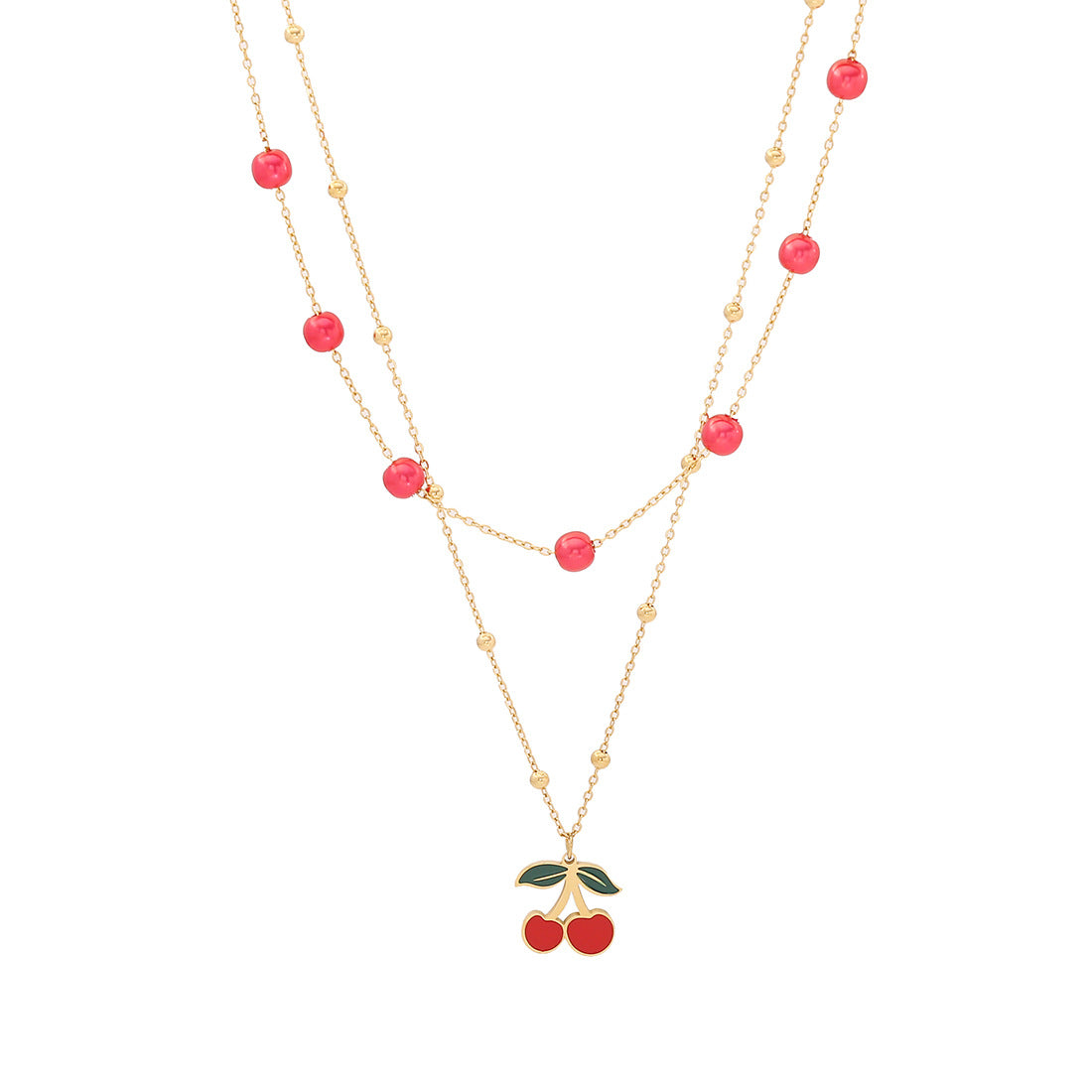 Cherry-Shaped Pendant Necklace in Stainless Steel with Plated Finish, Fashionable Double-Layer O-Chain for Women