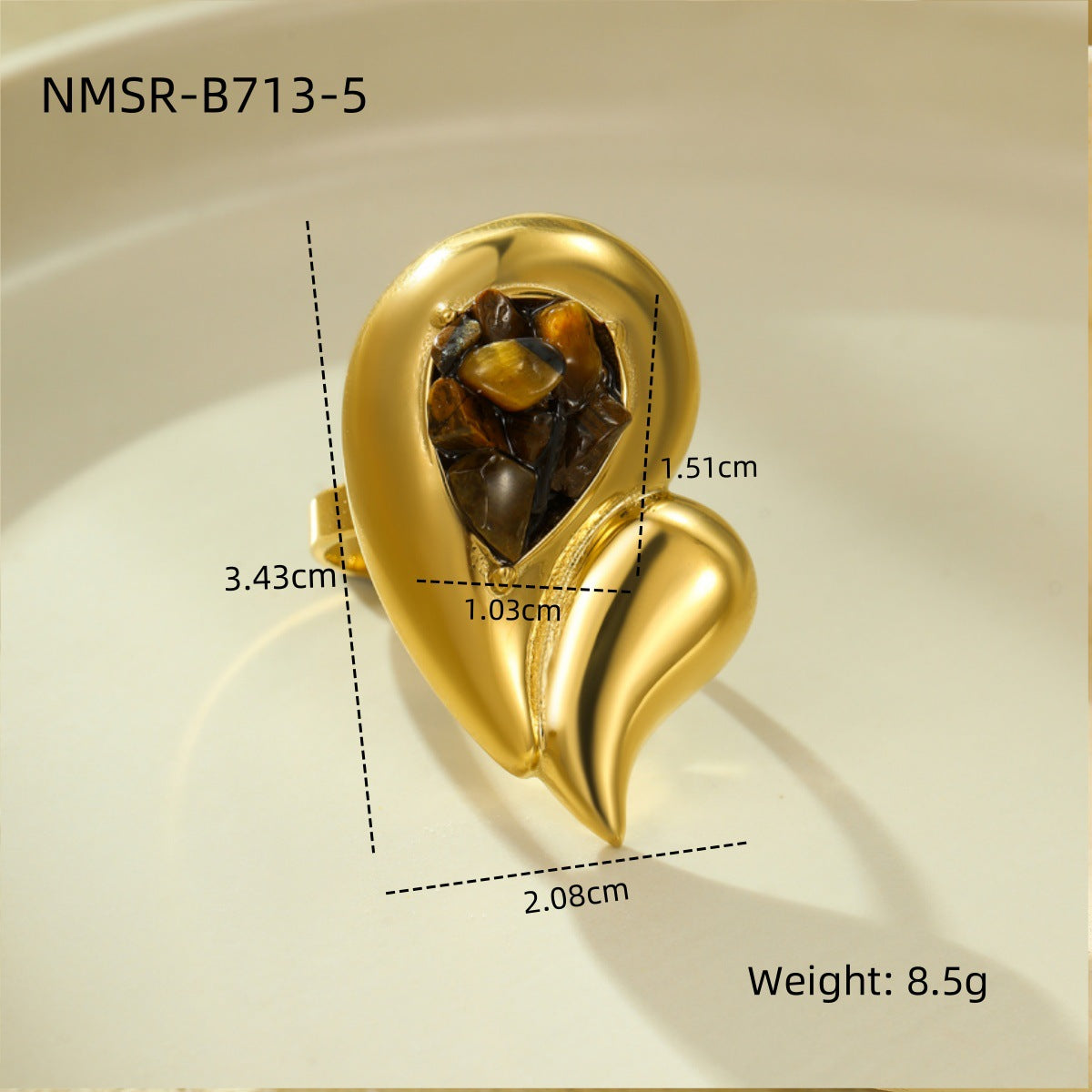 Vintage Oversized Stainless Steel Double-Layer Water-Drop Shaped Ring with Natural Stone Inlay and Plated Finish for Women