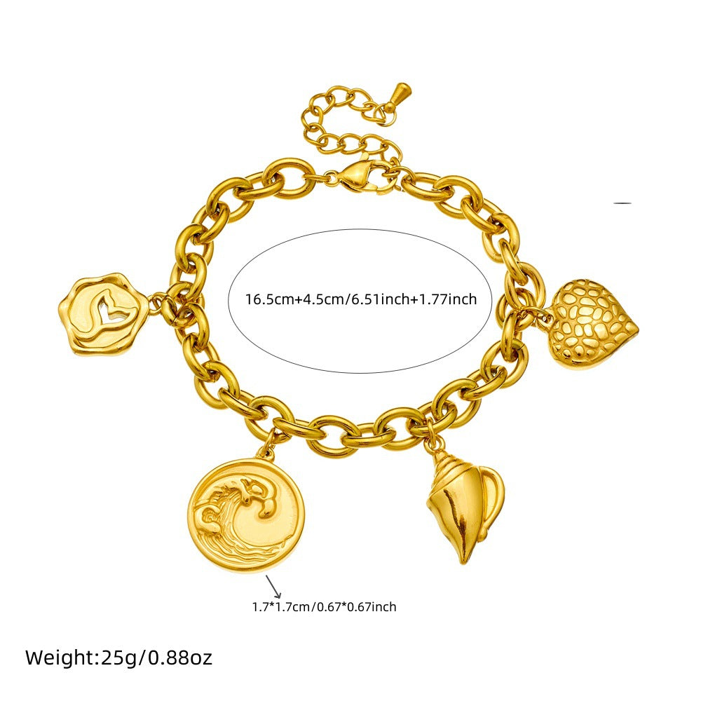 Vintage Fashion Stainless Steel Gold Plated Wave Conch Mermaid Tail Pendant Bracelet for Women
