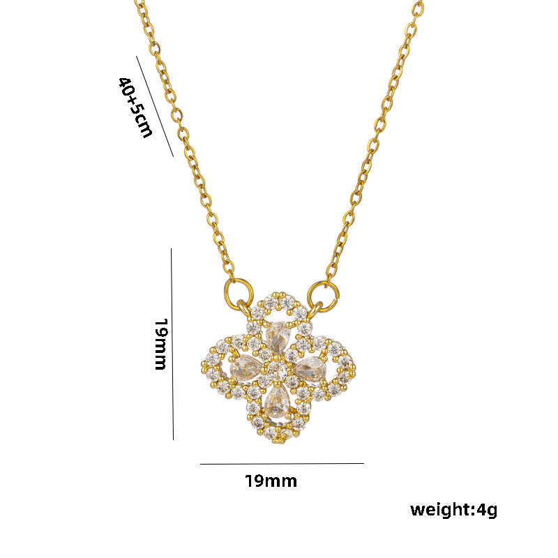 Minimalist Four-Leaf Clover Pendant Necklace in Titanium Steel with Zircon Inlay on O-Chain for Women
