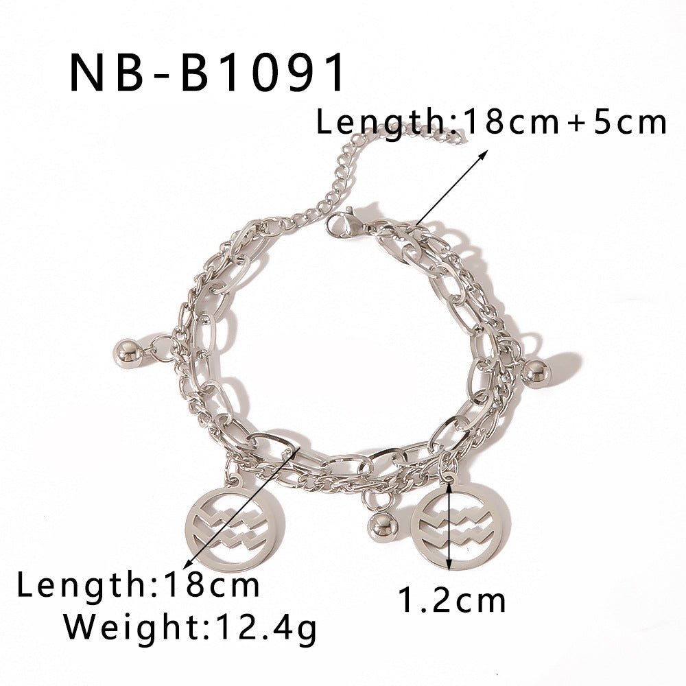 INS Style Zodiac Bracelet with Double Layer Cuban Link Chain Stainless Steel Pendant and 18K Vacuum Plated Finish