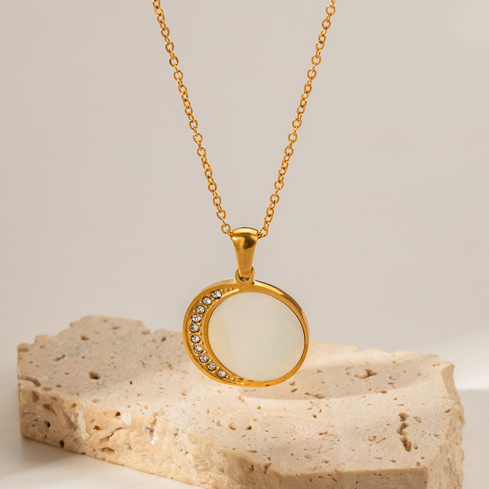 Trendy Geometric Sun and Moon Pendant Necklace with Shell and Zircon, 18K Gold Plated Stainless Steel Chain for Women
