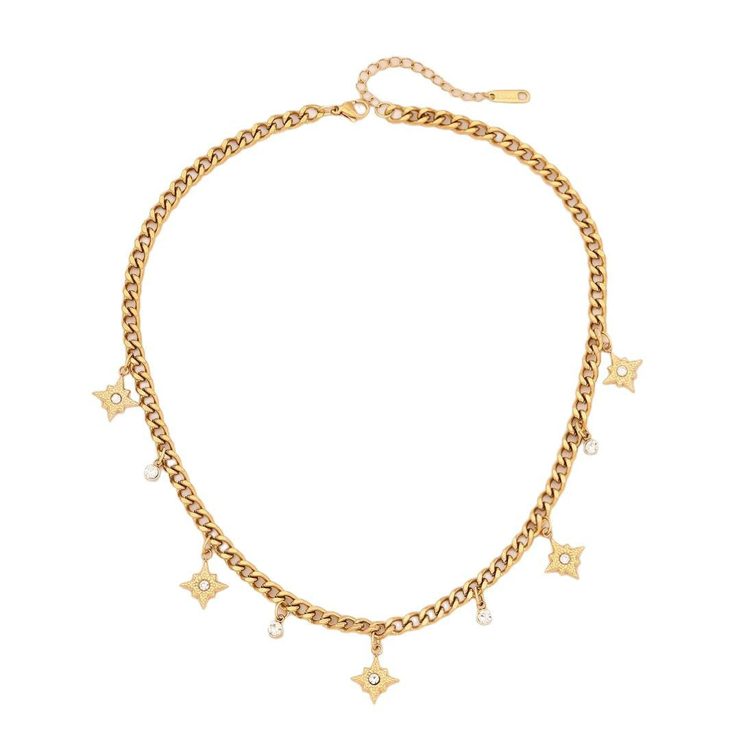 Collana alla moda da donna in acciaio inossidabile con ciondolo a stella a otto punte, motivo a cuore e lettera, finitura galvanizzata