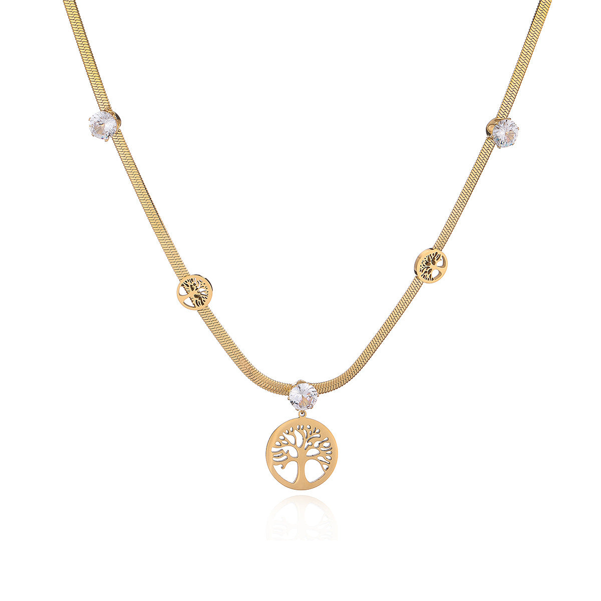 Minimalist Geometric Tree of Life Pendant Necklace for Women in Titanium Steel with Zircon Inlay