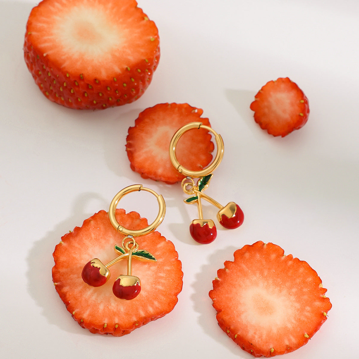 Elegant Geometric Cherry Drip Oil Plated Stainless Steel Earrings for Women