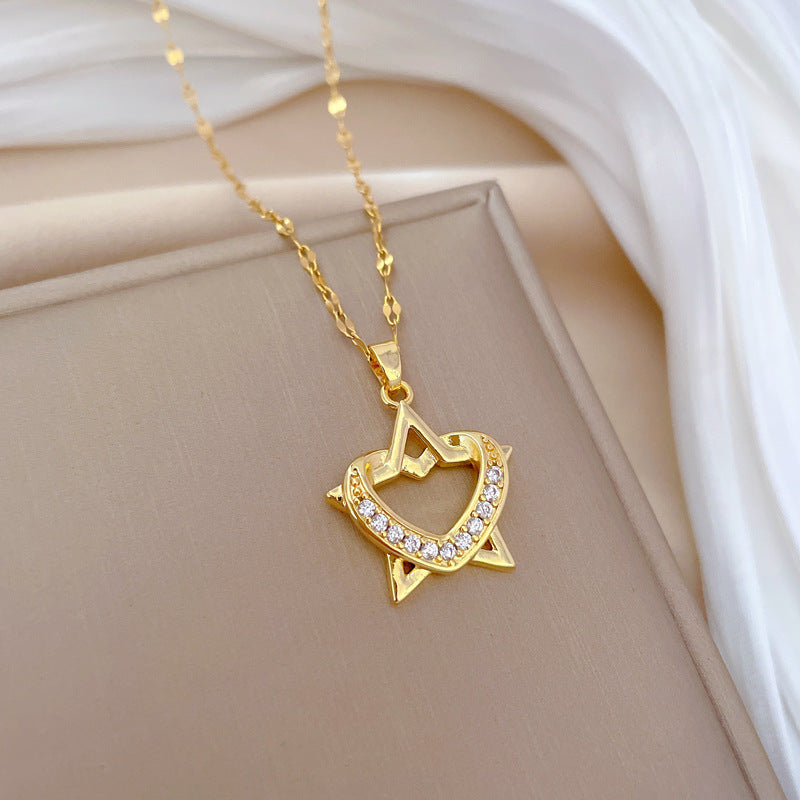 Minimalist Heart and Star Geometric Pendant Necklace in Titanium Steel with Rhinestone Accents for Women and Unisex Wear