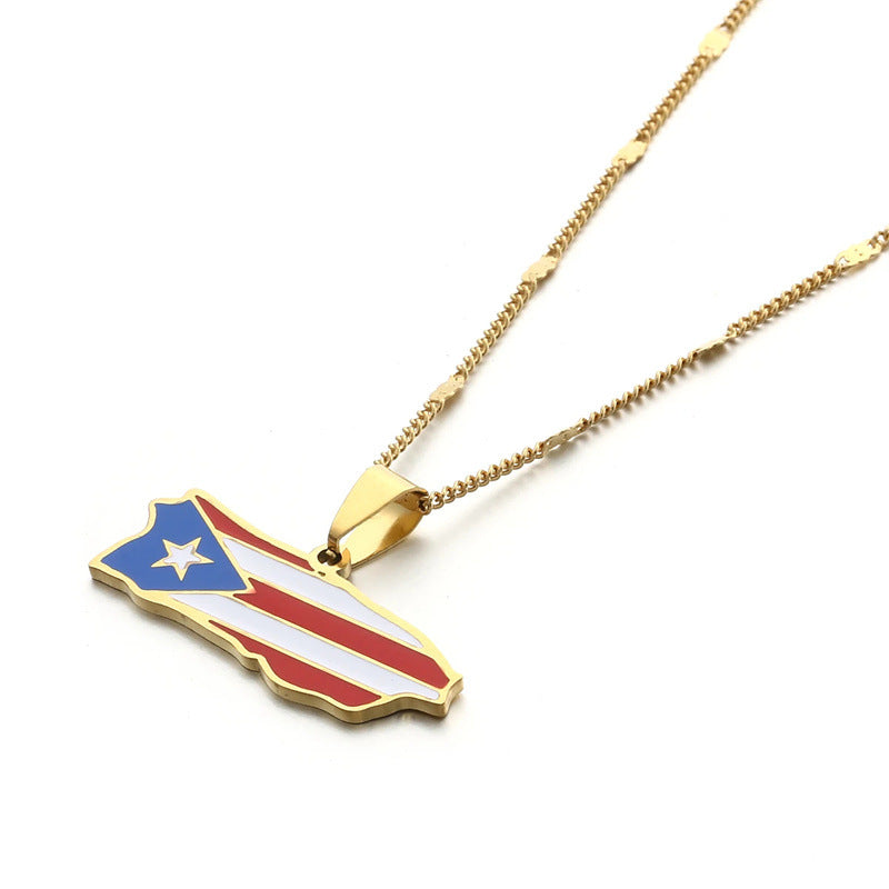 Minimalist Geometric Puerto Rico Map Pendant Necklace for Men and Women in Stainless Steel with Enamel Finish