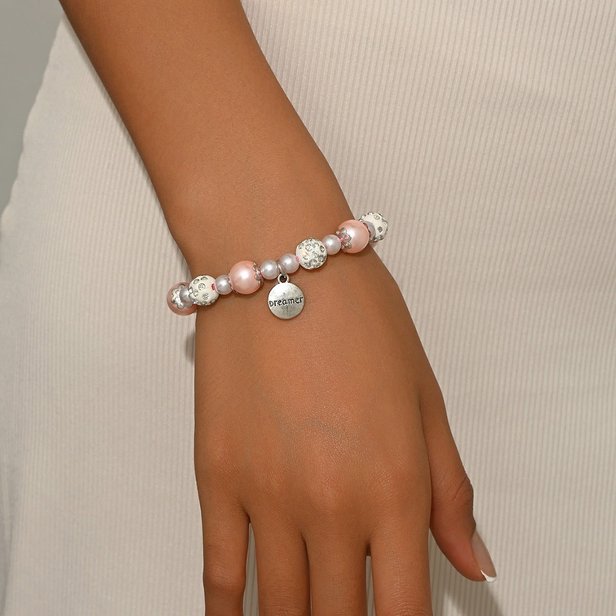 Chanel-Inspired Pink Pearl Bracelet with Letter Charm Hand-Strung Rhinestone Accented Adjustable Wristband for Women