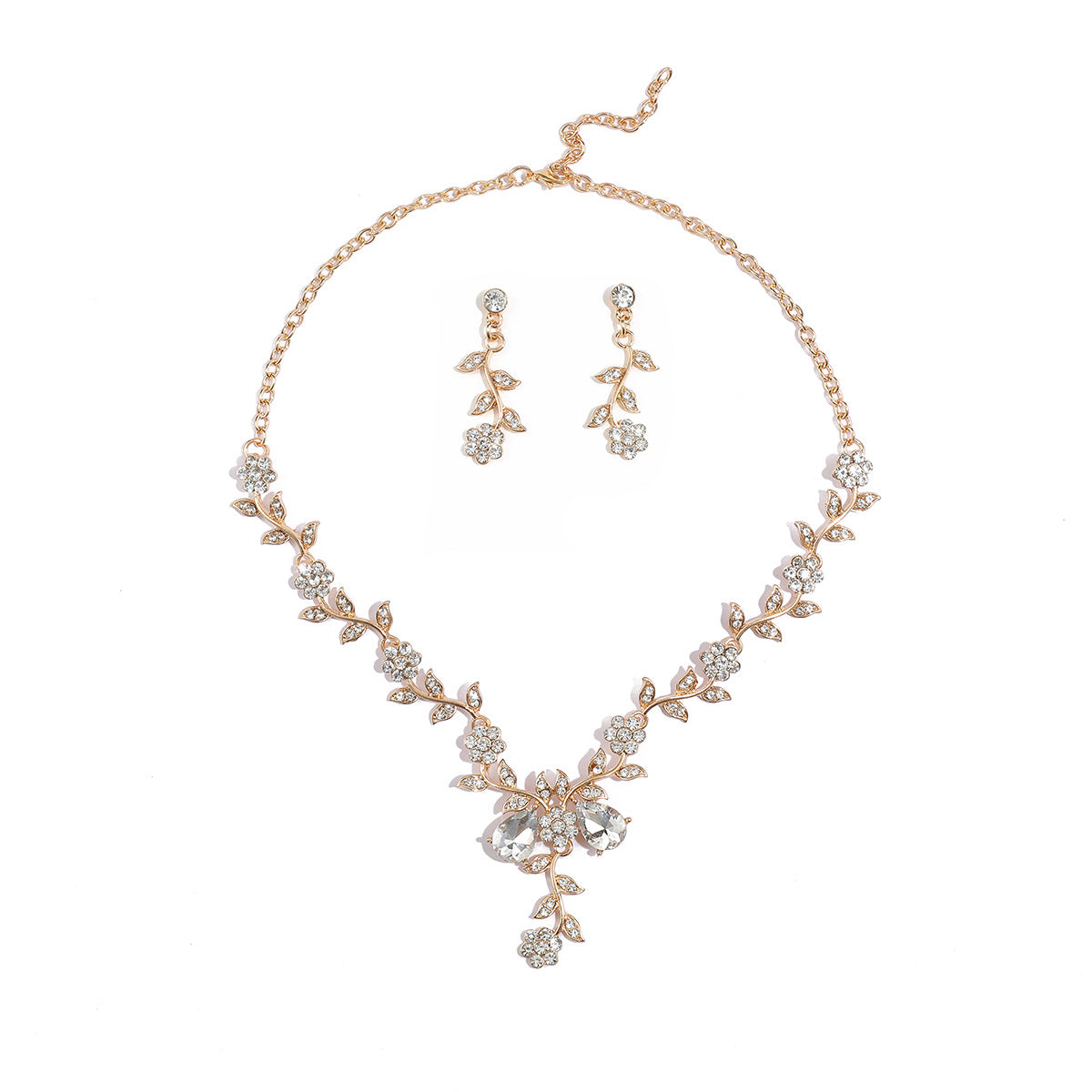 Vintage Floral Alloy Necklace and Earrings Set with Plated Finish O-Chain for Women