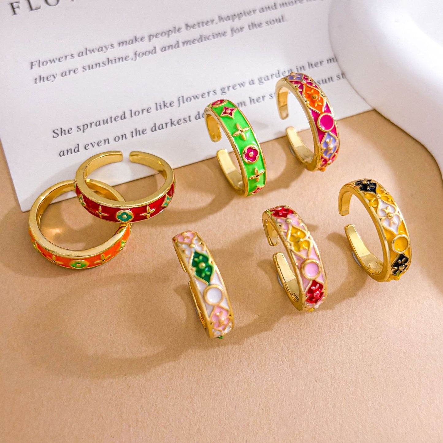 Vintage Sweet Gold Plated Brass Enamel Geometric Open Ring for Women