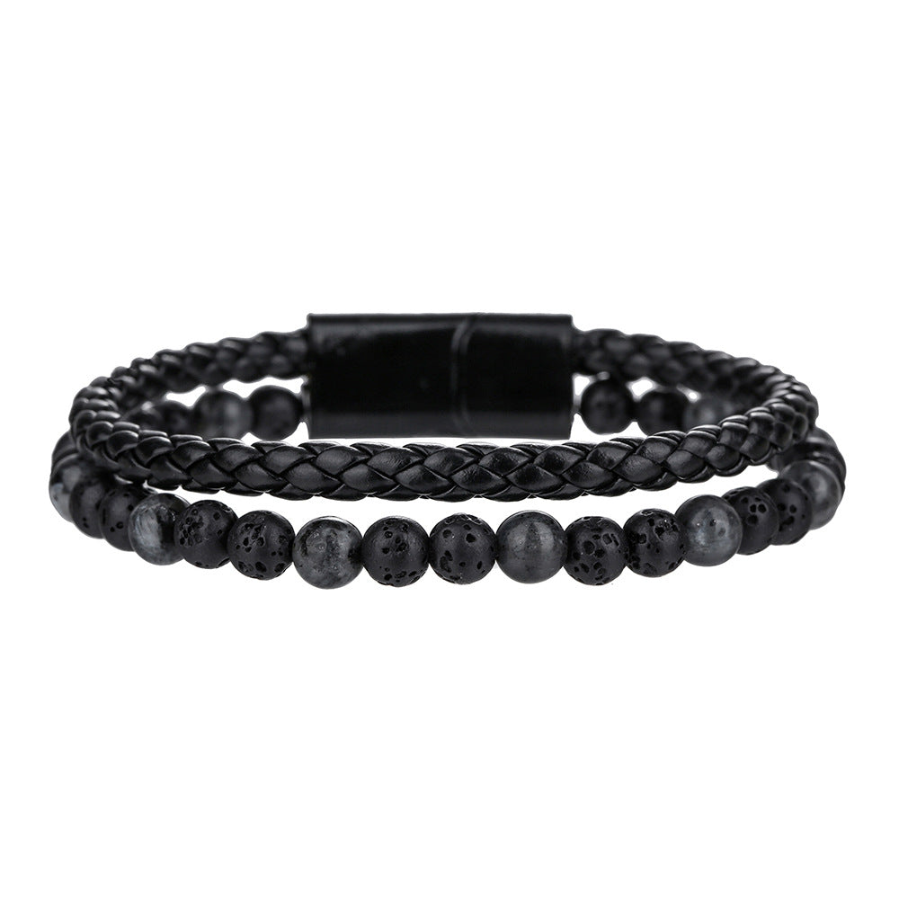 Men's Woven Leather Bracelet with Natural Black Agate and Tiger's Eye Beads Geometric Round Multi-layer Clasp