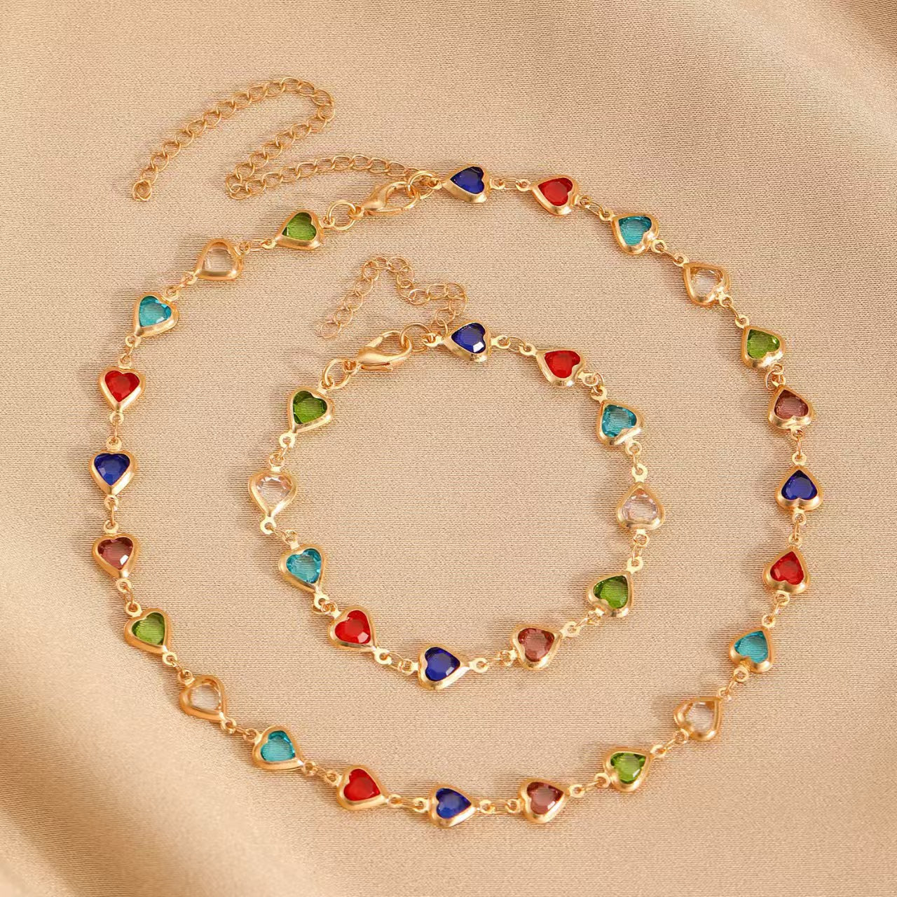 Colorful Heart Cubic Zirconia Alloy Necklace and Bracelet Set with Cable Chain