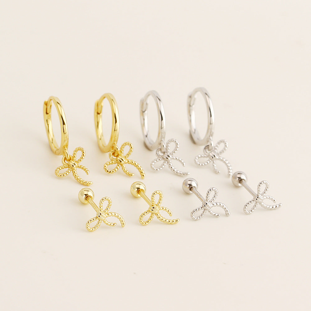 Sweet Minimalist Bow Plated 925 Sterling Silver Screw-Back Hoop Earrings for Women