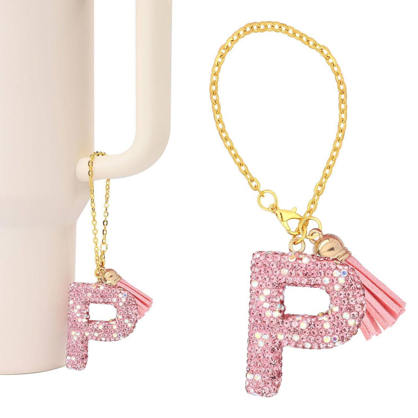 Minimalist Geometric Letter Ceramic Pendant with Gold Adjustable Chain Pink Tassel and Glitter Sequins