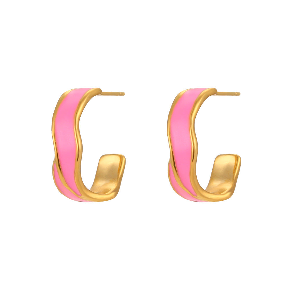 Fashionable Geometric Wheel-Shaped Stainless Steel Earrings with 18K Gold Plating and Enamel Coloring for Women