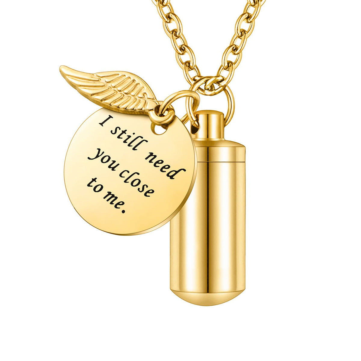 Personalized Stainless Steel Angel Wing Pendant Necklace with Hollow Cylinder Design for Pet Memorial Keepsake Unisex