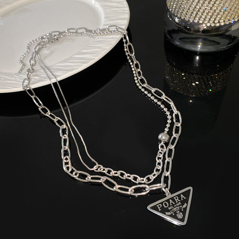 Geometric Gold Plated Titanium Steel Double Layer Necklace with Inverted Triangle Letter and Round Ball Pendant