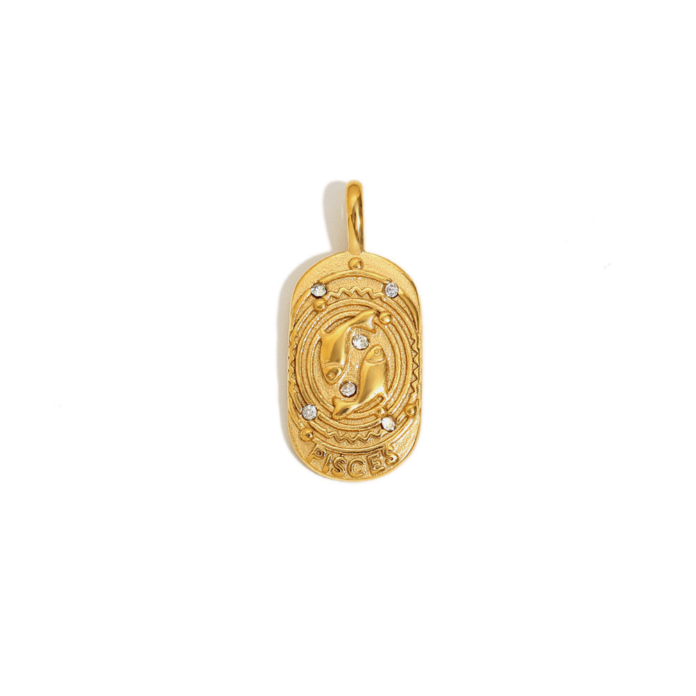Ciondolo a barra vintage quadrato in acciaio inossidabile placcato oro 18K con segno zodiacale