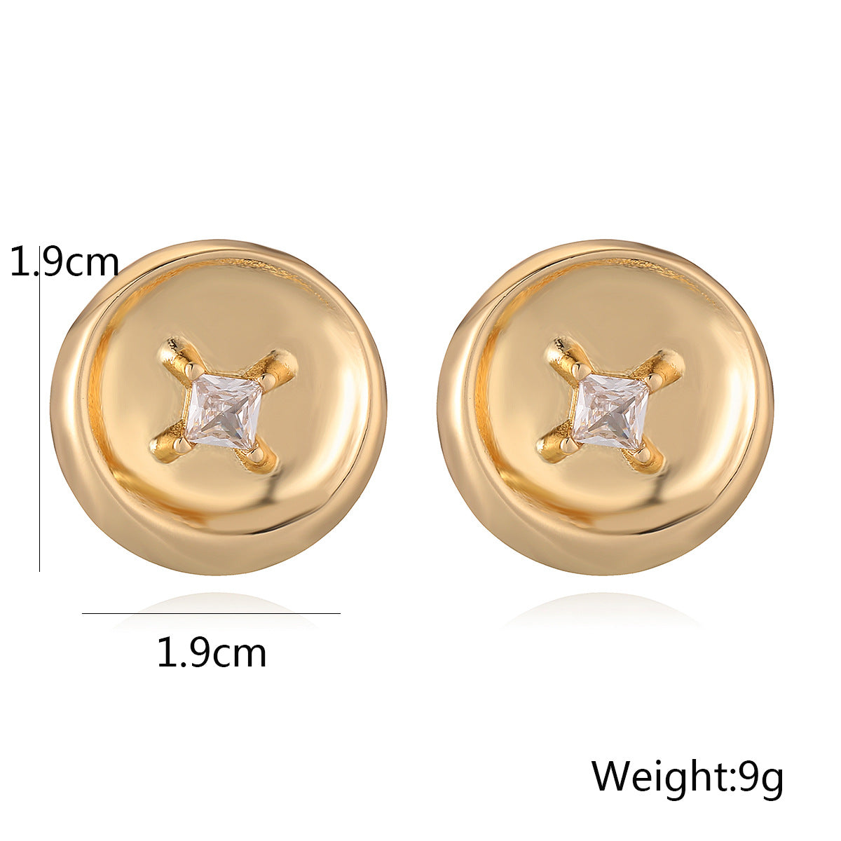 Minimalist Geometric Button Stud Earrings for Women in Brass with Gold Plating and Zircon Inlay