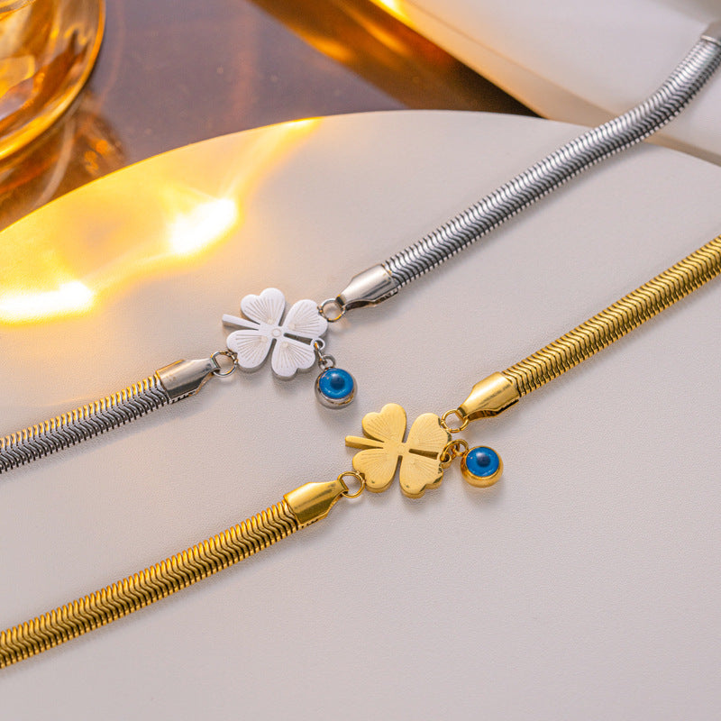 Bracciale a catena a serpente in acciaio al titanio placcato oro 18 carati con cuore e occhio blu per donna, moda OL