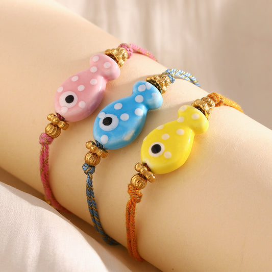 Bracciale da donna in corda intrecciata color oro, placcato in oro 18 carati, stile OL alla moda, a forma di pesce
