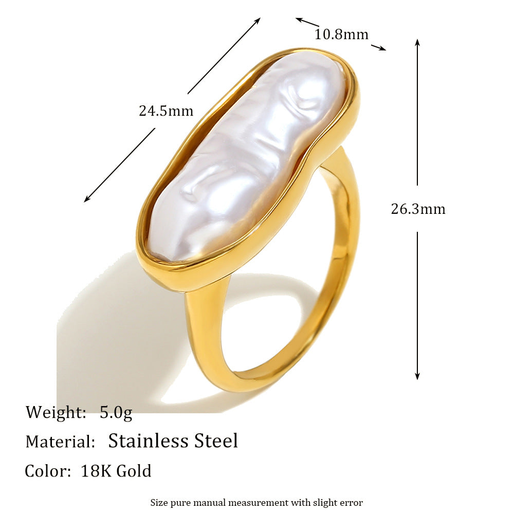 Anillo vintage geométrico de acero inoxidable con baño de oro de 18K y perla para mujer