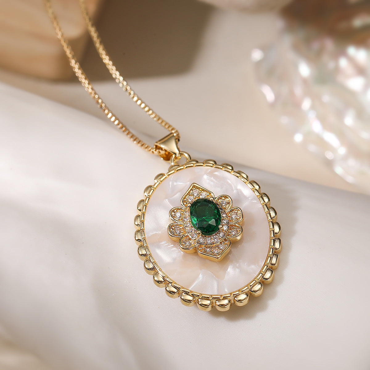Minimalist Oval Shell Pendant Necklace for Women with Copper Base and 18K Gold Plating, Zircon Inlay