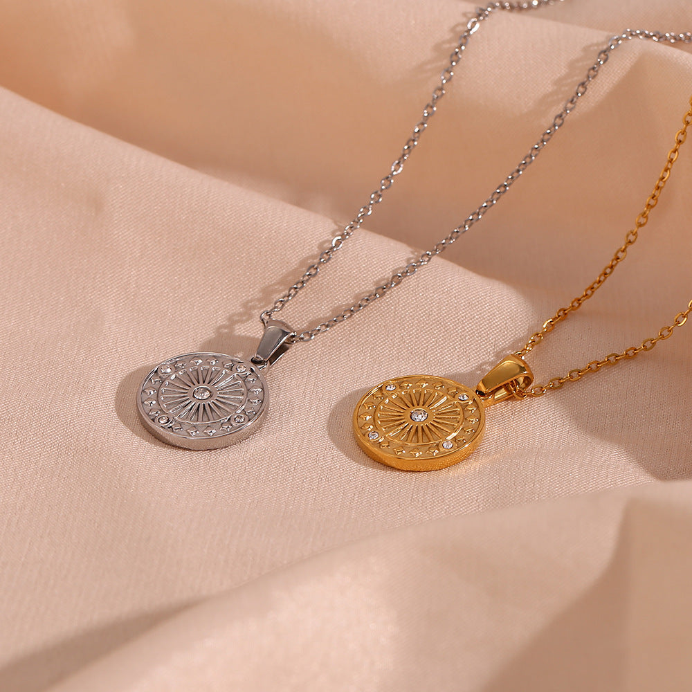 Minimalist Geometric Compass Pendant Necklace in Stainless Steel with Rhinestone Inlay for Women