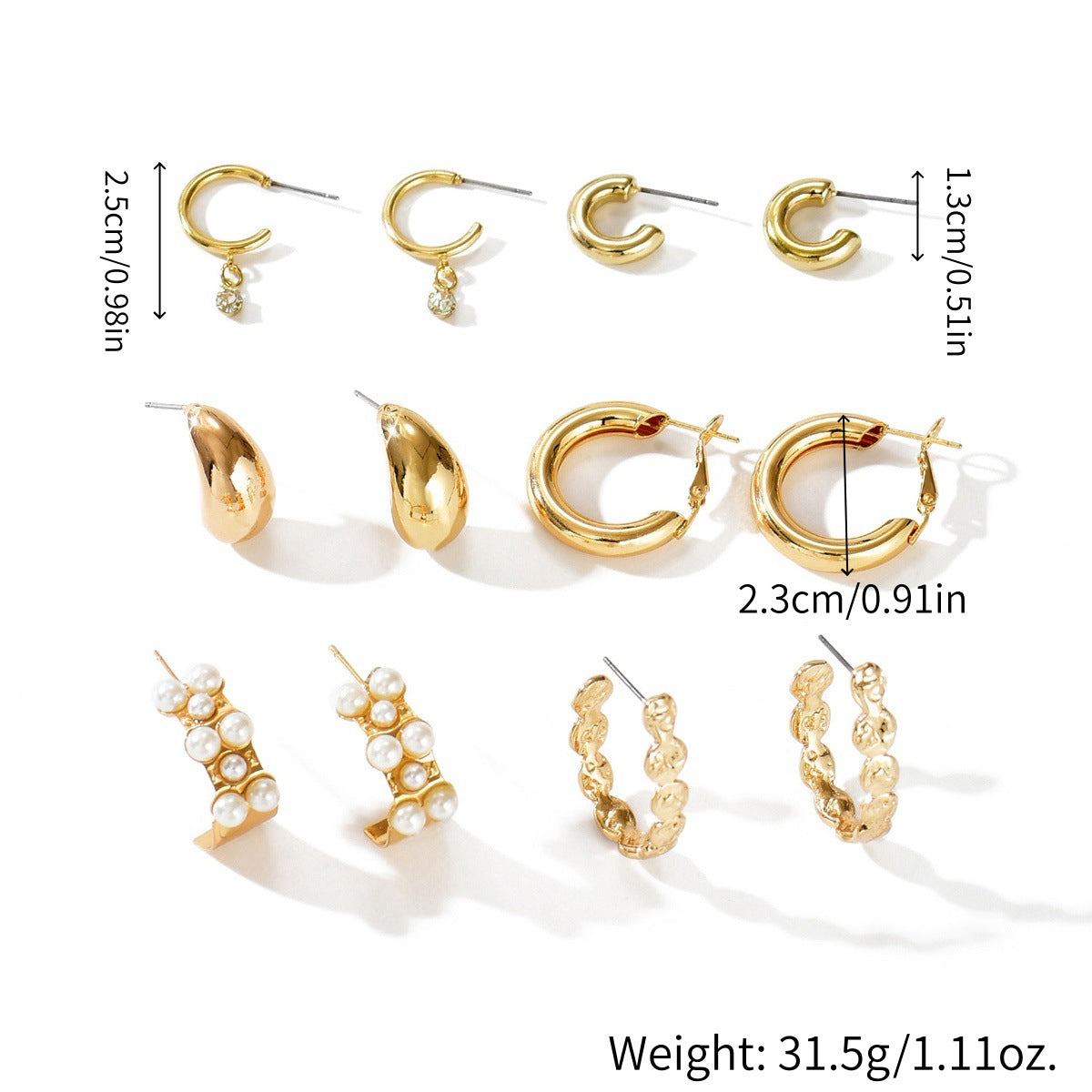 Vintage Business Geometric Square Round Alloy Plated Hoop Earring Set with Pearl Inlay for Women