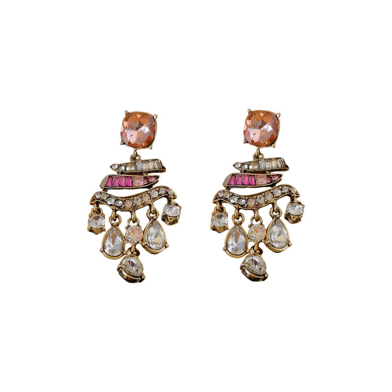 Vintage Drip-Shaped Geometric Alloy Earrings with Rhinestone Inlay, Stainless Steel Post, Elegant Court-Inspired Luxury Ear Jewelry for Women